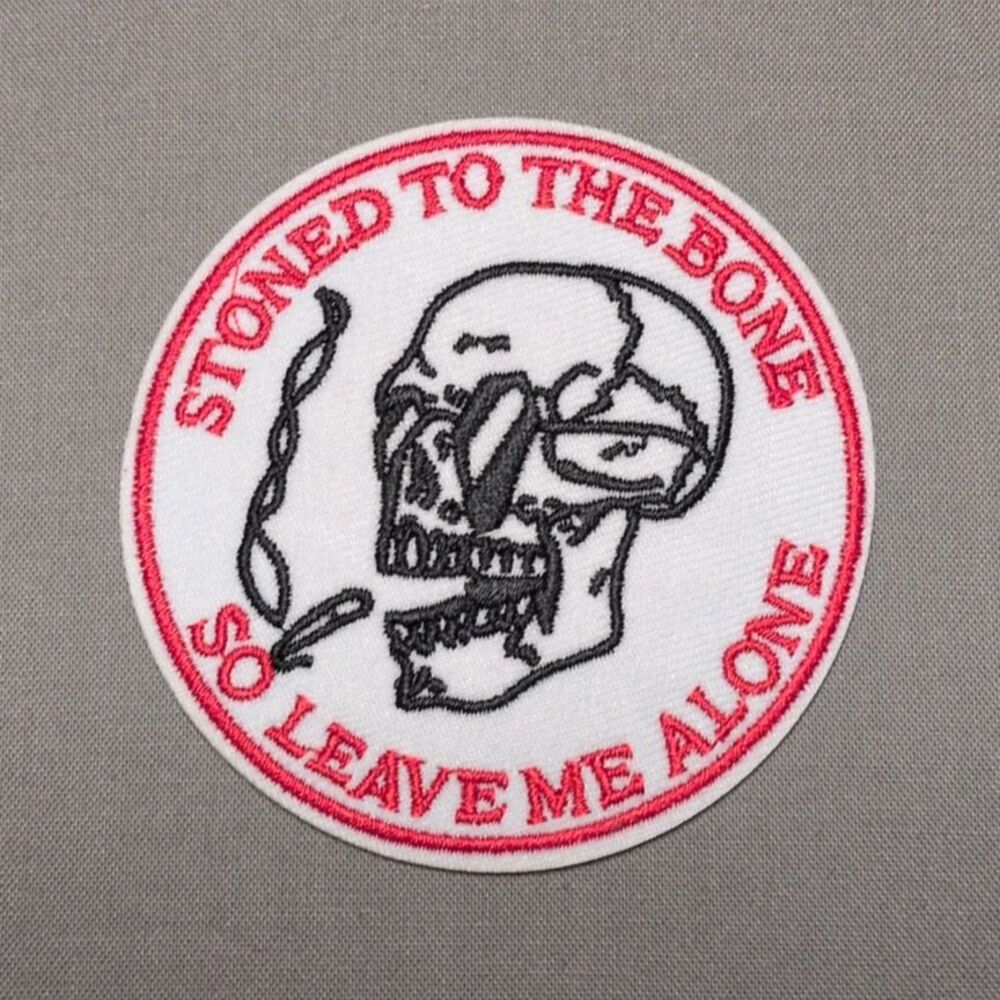 Stoned To The Bone Skull Iron On Patch | Funny Skeleton Embroidered Patch